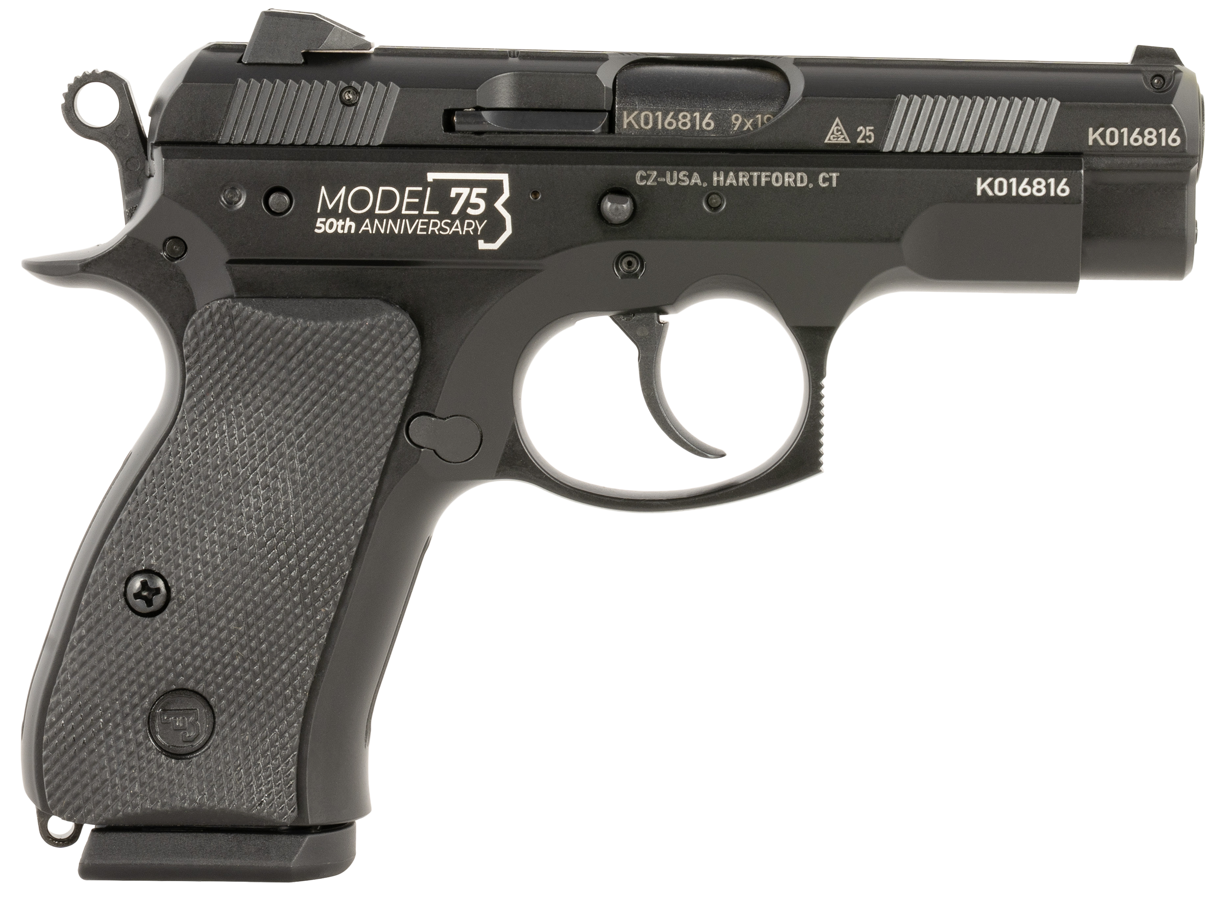 CZ 75D 50th Anniversary Pistol 91123, 9mm, 3.75in, Black Rubber Grips, Black Finish, 15 Rds