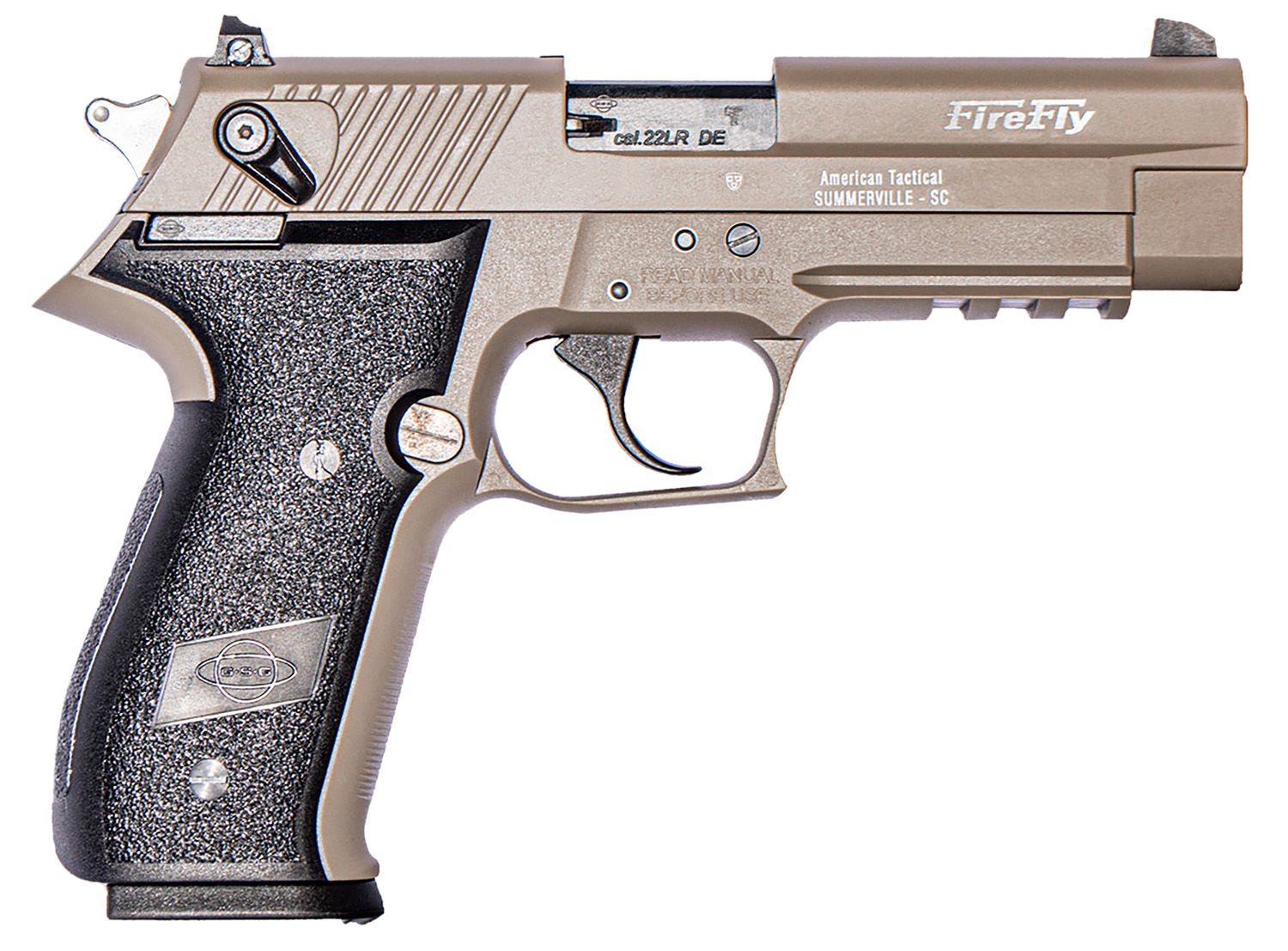 American Tactical FireFly Non-Threaded Pistol GERG2210FFT, 22 LR, 4in, Black Polymer Grips, Tan Finish, 10 Rds