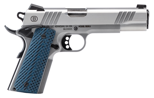 Bersa B1911 Full Size Frame 45 ACP 8+1 5" Stainless Steel Barrel, Polished Stainless Serrated Steel Slide, Matte Stainless Stainless Steel Frame w/Beavertail, Blue VZ Grip, Ambidextrous B19117050SMBL
