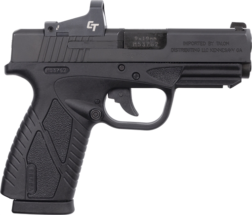 Bersa BP CC, Striker Fired, Semi-automatic, Polymer Frame Pistol, Compact, 9MM, 3.3" Barrel, Matte Finish, Black, Fixed Sights, No Thumb Safety, 8 Rounds, 1 Magazine, Includes Crimson Trace Red Dot BP9MCCL