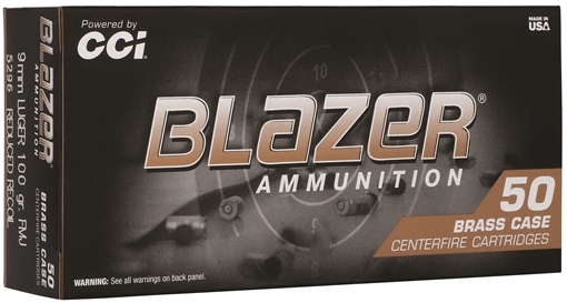 CCI Blazer Brass Full Metal Jacket 9mmLuger 100gr Full Metal Jacket 50 Per Box/20 Case 5296