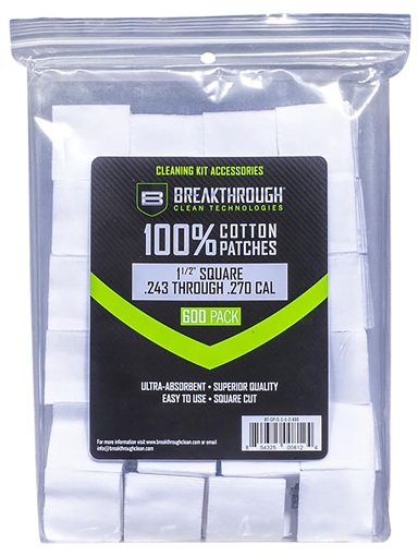 BREAKTHROUGH CLEAN TECHNOLOGIES SQUARE COTTON PATCHES ..1-1/2" X 1-1/2" 600PCS / .243-.270 CALIBER BT-CP-S-1-1/2-600 BT-CP-S-1-1/2-600 BTCPS112600