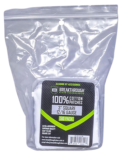 BREAKTHROUGH CLEAN TECHNOLOGIES SQUARE COTTON PATCHES ..3" X 3" 50PCS / .12-16 GUAGE BT-CP-S-3-50 BT-CP-S-3-50 BTCPS350
