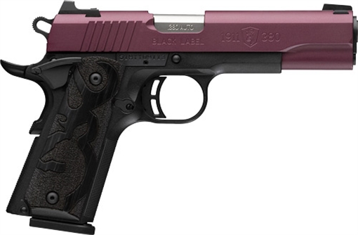 Browning Black Label, 1911, Single Action, Semi-automatic, Metal Frame Pistol, Full Size, 380 ACP, 4.25" Barrel, Cerakote Finish, Black Cherry, Black Frame, Stippled Laminated Wood Grips, 3 Dot Sights, 10 Rounds, 2 Magazines 051994492