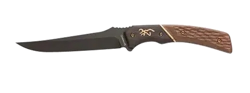 Browning Hunter Trail Knife 4.50" Fixed Trailing Drop Point Blade, Black Stonewashed 440C Stainless Steel, Two-Toned Jigged Wood Handle w/Bronze Accents, Includes Leather Sheath 3220394