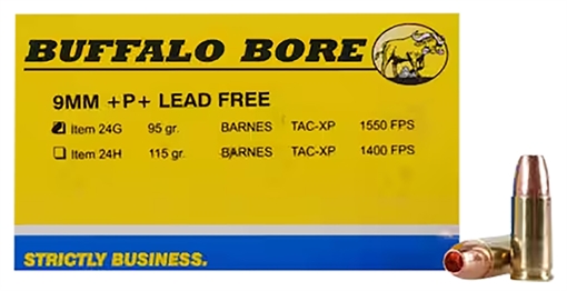 Buffalo Bore Ammunition Buffalo-Barnes Strictly Business 9mmLuger +P+ 95gr Barnes TAC-XP Lead Free 20 Per Box/12 Case 24G20