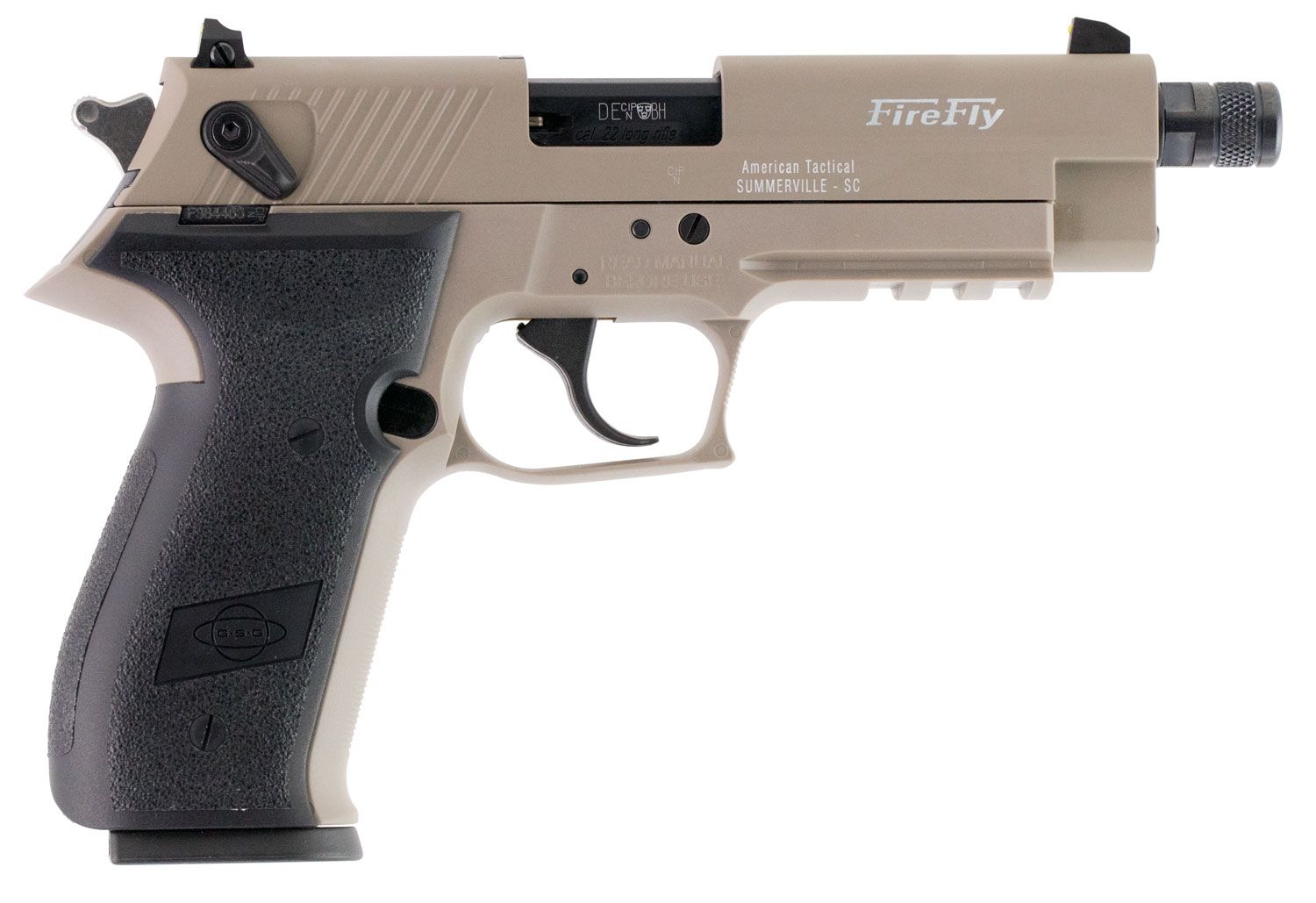 American Tactical FireFly Threaded Pistol GERG2210TFFT, 22 LR, 4.90in, Black Polymer Grips, Tan Finish, 10 Rds