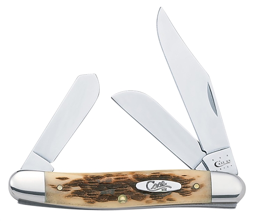 Case Stockman Medium 2.92"/2.15"/1.90" Folding Clip/Sheepsfoot/Spey Plain Mirror Polished Tru-Sharp SS Blade/Peach Seed Jigged Amber Bone Handle 00128