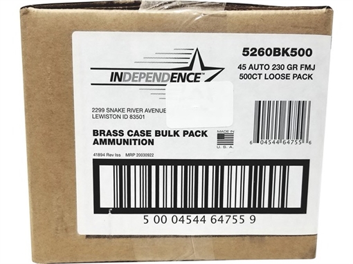 CCI Independence Brass Handgun Ammunition .45 ACP 230 gr. FMJ 830 fps 500/ct (Bulk) 5260BK500