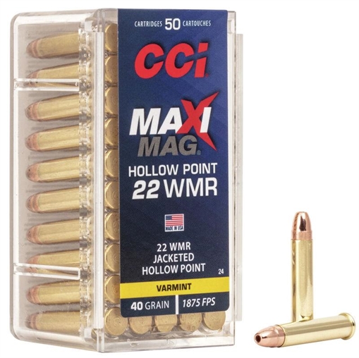 CCI Maxi-Mag Rimfire Ammunition .22 WMR 40 gr JHP 1875 fps 2000/ct Case (40-50/ct Boxes) 24CASE