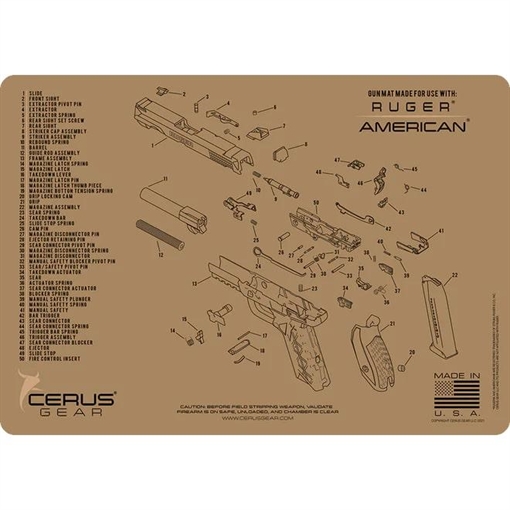 Cerus Gear Ruger American Handgun Schematic Cleaning Mat 12x17 Coyote Brown HM-RUG-AMER-SCH-COY