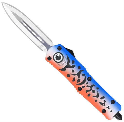 CobraTec Knives FS-3 Blue Lure Medium 3" OTF Dagger Plain Satin D2 Steel Blade, 4.50" Blue Fishing Lure Aluminum Cerakoted Handle MFLBLUFS3DAGNS