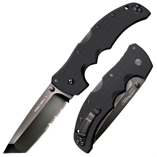 Cold Steel Recon 1 4" Folding Part Serrated DLC Coated American S35VN Blade/ 5.38" Black Textured G10 Handle Includes Belt Clip CS27BTH