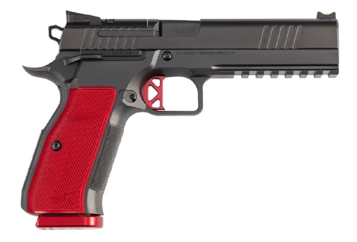 Dan Wesson DWX, Single Action Only, Semi-automatic, Metal Frame Pistol, Full Size, 9MM, 4.95" Match Grade Barrel, DLC Finish, Black, Aluminum Grips, Red, Optics Ready Slide, Ambidextrous Safety, Fiber Front & Adjustable Rear Sights, Flat K Style Trigger, 1