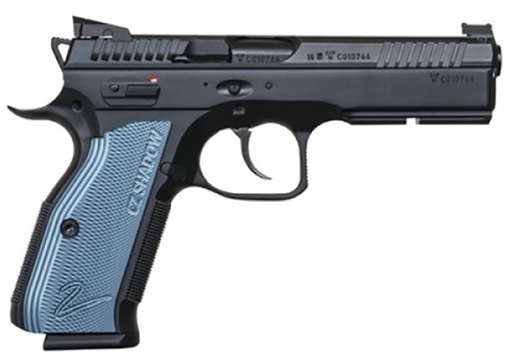 CZ Shadow 2, Double Action/Single Action, Semi-automatic, Metal Frame Pistol, Full Size, 9MM, 4.89" Barrel, Steel, Black, Aluminum Blue Grips, Adjustable Sights, Ambidextrous Safety, 17 Rounds, 3 Magazines 91257