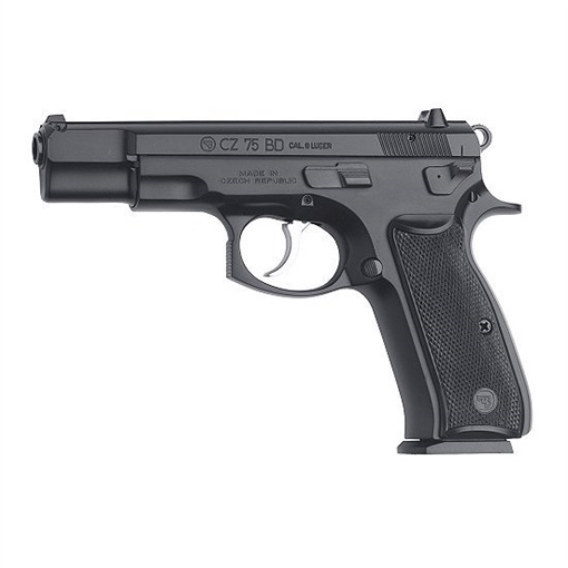 CZ 75BD, Double Action/Single Action, Semi-automatic, Metal Frame Pistol, Full Size, 9MM, 4.6" Cold Hammer Forged Barrel, Decocker, Matte Finish, Black, Plastic Grips, Fixed Sights, 10 Rounds, 2 Magazines 01130