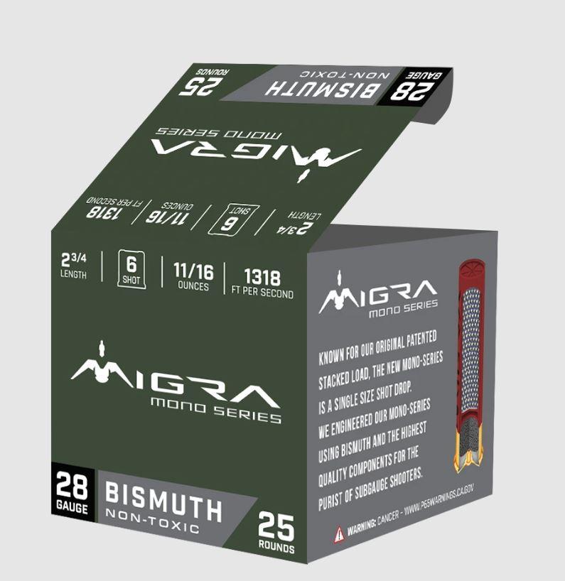 Migra Custon BismuthShotshells M28B6 28 Gauge, 2 3/4", 1/2 oz, 6 Shot, 25 Per Box