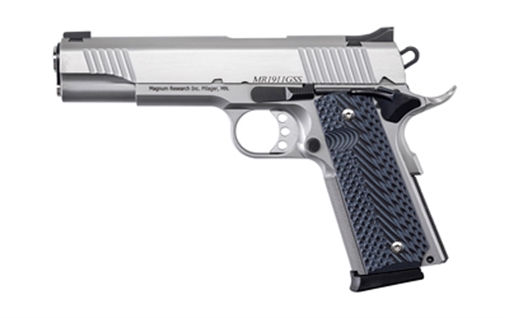 Magnum Research Desert Eagle 1911 G 45 ACP 8+1, 5.01" Stainless Steel Bull Barrel, Matte Stainless Steel Serrated Slide & Frame w/Beavertail, Black/Gray G10 Grip, Grip Safety, Right Hand DE1911GSS