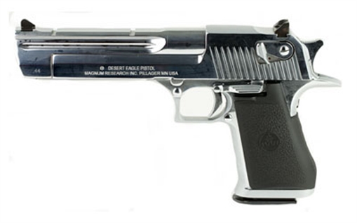 Magnum Research Desert Eagle, MK19, Single Action, Semi-automatic, Metal Frame Pistol, Full Size, 44 Magnum, 6" Barrel, Steel, Polished Chrome Finish, Silver, Rubber Grips, Fixed Sights, Ambidextrous Thumb Safety, 8 Rounds, 1 Magazine, Ambidextrous, Califo