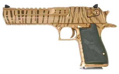 Magnum Research Desert Eagle, MK19, Single Action, Semi-automatic, Metal Frame Pistol, Full Size, 50 Action Express, 6" Barrel, Steel, Titanium Gold with Tiger Stripes, Plastic Grips, Fixed Sights, Ambidextrous Thumb Safety, 7 Rounds, 1 Magazine, Ambidextr