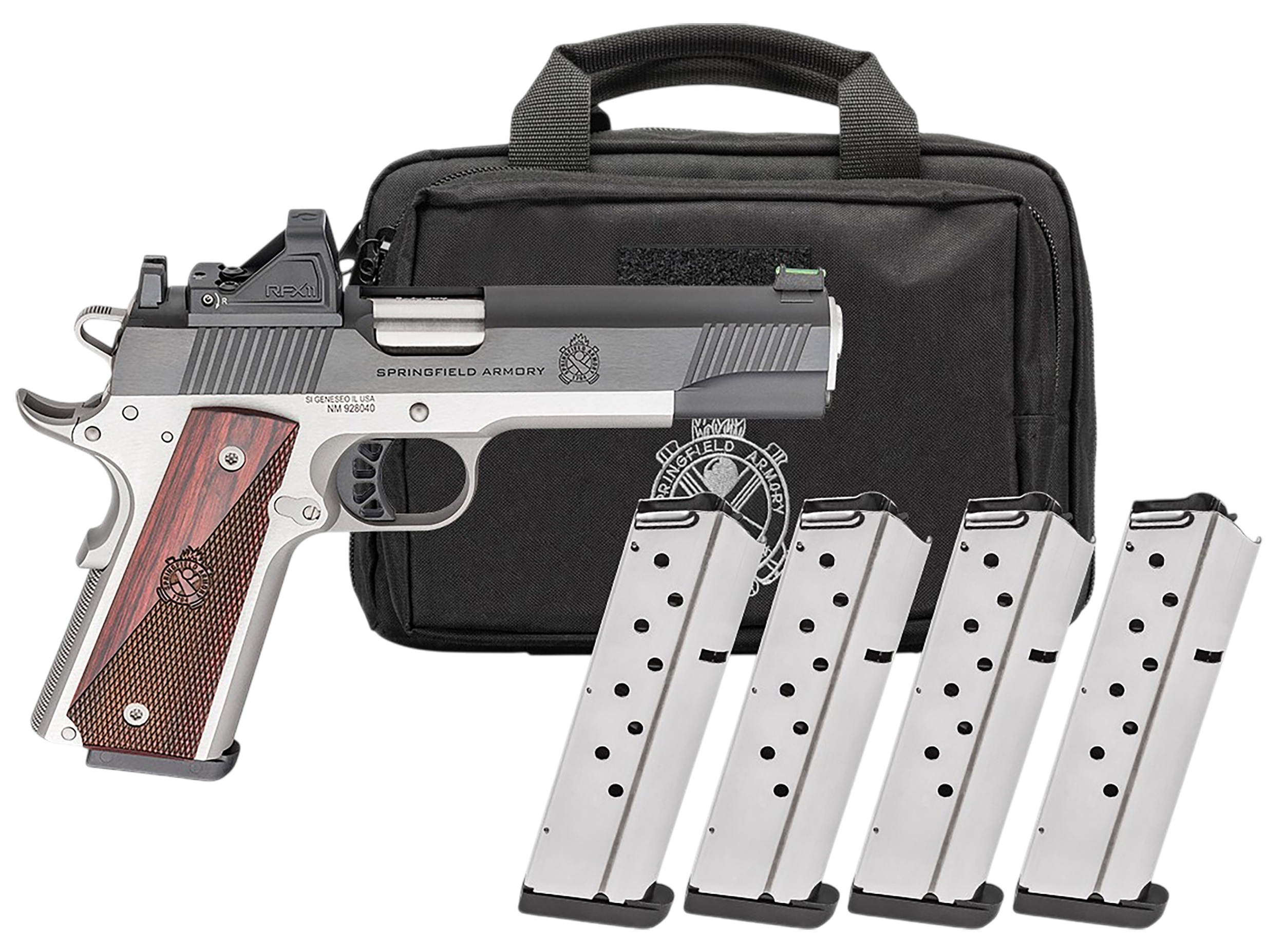 Springfield 1911 Ronin AOS Gear Pac Optic Ready Pistol PX9119LAOSPAC, 9mm, 5in, Crossed Cannons Checkered Grips, Satin Cerakote Finish, 9 Rds