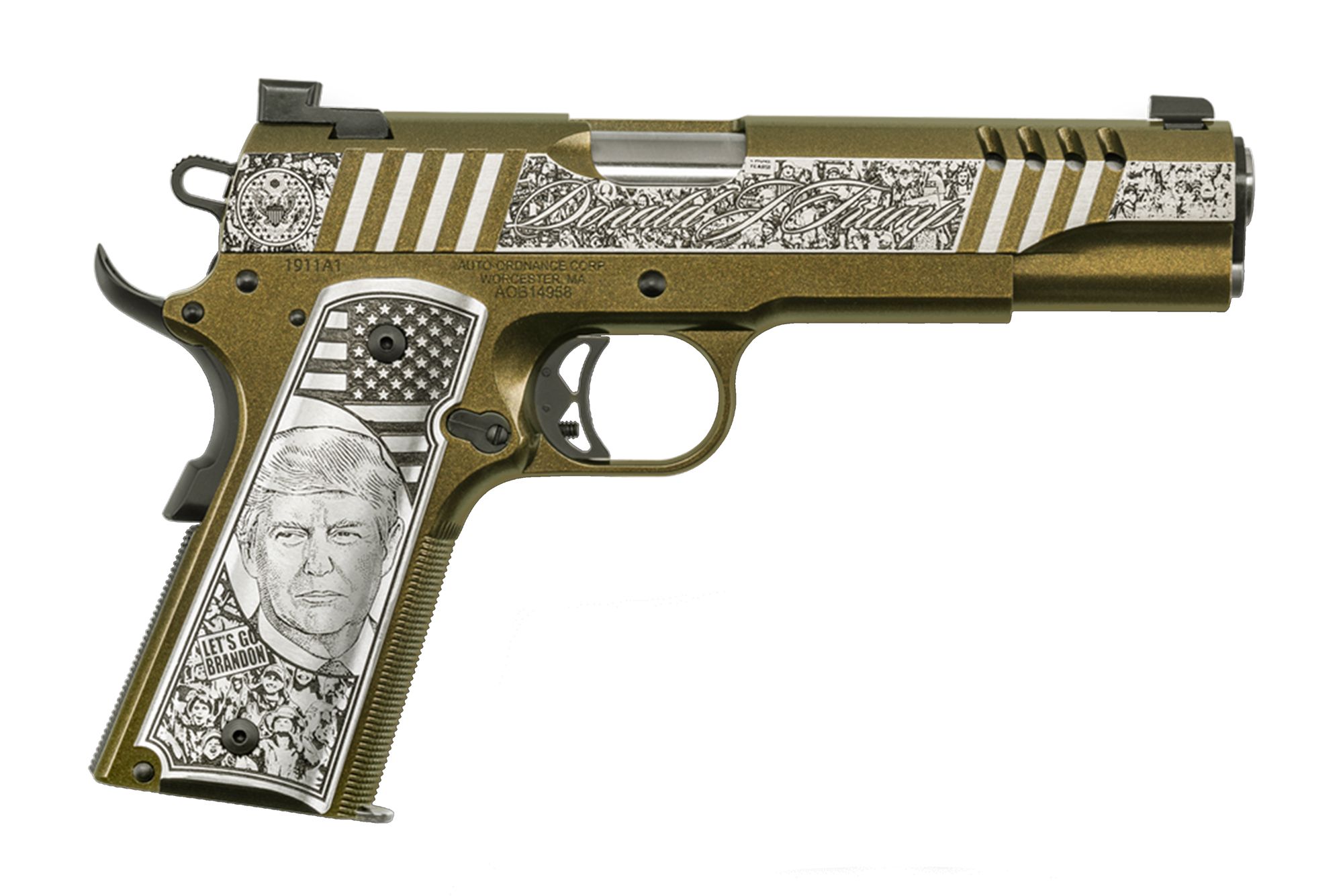 Auto-Ordnance Corp 1911 Trump Rally Cry Pistol 1911TCAC12N, 45 ACP, 5in, Custom Engraved Aluminum Grips, 7 Rds