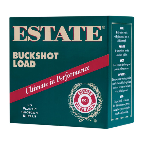 Estate Buckshot Load 12 Ga, 2.75" Shell, 9 Pellets, 00 Buck Shot, 25rd Box
