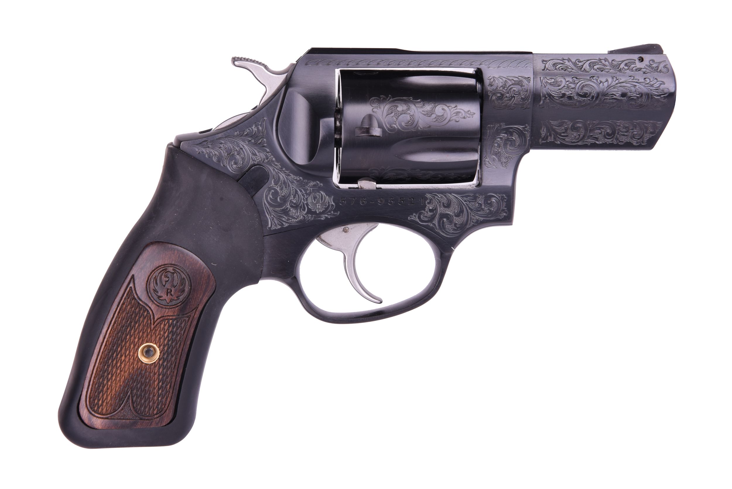 Ruger SP101 Deluxe Revolver 15704, 357 Mag/38 Special, 2 1/4in, Black Rubber/Wood Grips, Blued Engraved Finish, 5 Rds