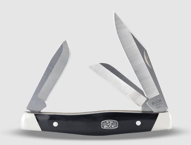 Buck Knives 0301BKS1-B, 301 Stockman Knife, clip point, sheepsfoot, and spey blades, Black acetal copolymer with medallion and nickel silver bolsters