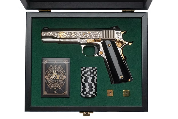 Custom & Collectible Colt 1911 "Gambler" Limited Edition Pistol CNCGAMBLER, 45 ACP, 5", Black Kirinite Grips, Nickel Plated Finish w/24k Gold Inlay, 8 Rds