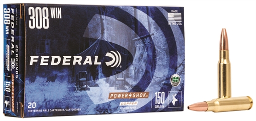 Federal PowerShok, 308 Win, 150 Grain, Copper, Lead Free, 20 Round Box, California Certified Nonlead Ammunition 308150LFA