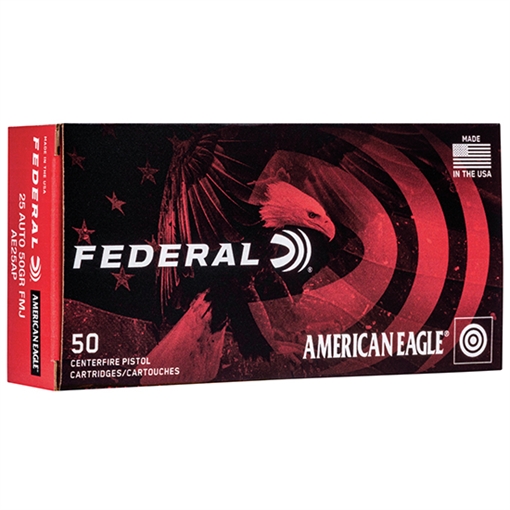 Federal American Eagle, 25ACP, 50 Grain, Full Metal Jacket, 50 Round Box AE25AP
