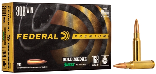 Federal Premium Gold Medal Sierra Matchking Rifle Ammunition .308 Win 168 gr BTHP 2650 fps 20/ct GM308M