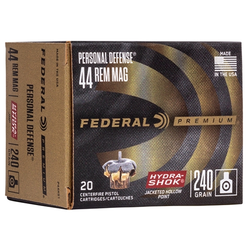 Federal Premium Personal Defense 44RemMag 240gr Hydra-Shok Jacketed Hollow Point 20 Per Box/25 Case P44HS1