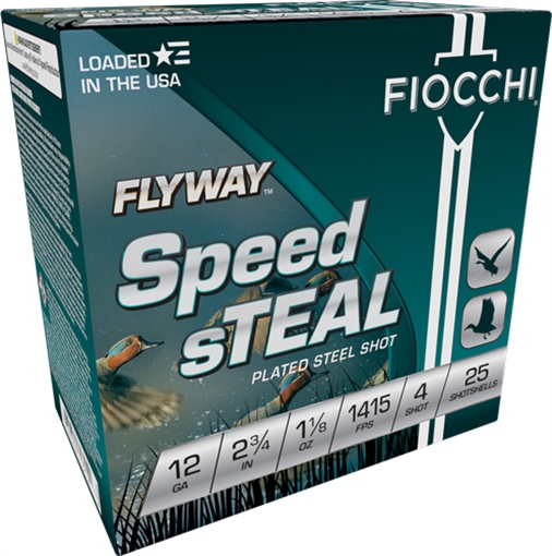 FIOCCHI FLYWAY AMO SPEEDSTEAL 12GA 2.75 IN 1 1/8OZ #4 1415 FPS 25RD ( 10 BOXES PER CASE ) 12FST4