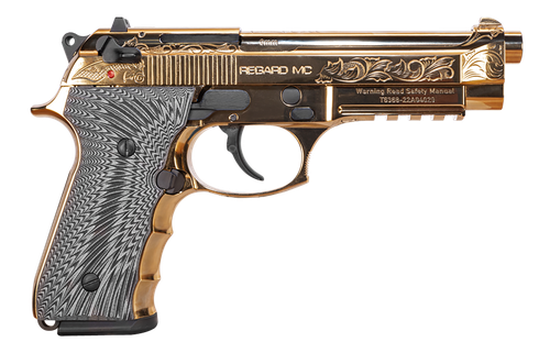 GIRSAN Regard MC Deluxe 9mm Luger 4.90" Barrel, Gold Plated Serrated w/Engraving Slide & Aluminum Frame w/Picatinny Rail, Black G10 Grip, 18 Rd