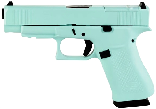 Glock G43X Sub-Compact Frame 9mm Luger 10+1 3.41" Black GMB Barrel, Robins Egg Blue Cerakote Serrated Steel Slide, Robin Egg Blue Cerakote Polymer Frame w/Beavertail, Ambidextrous UX4350204REB