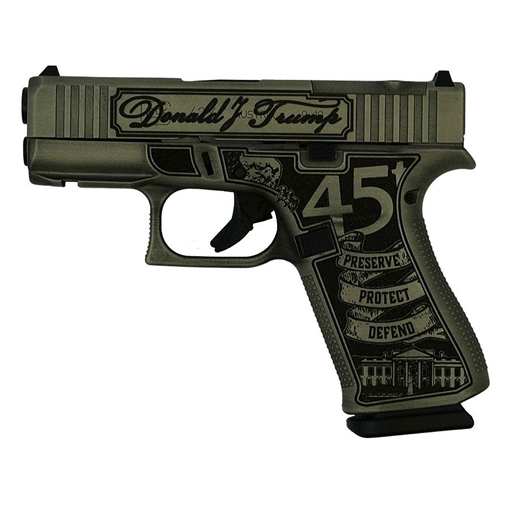 Glock 43x MOS Custom "Trump 2024 Crushed Silver Distressed" Subcompact Handgun 9mm Luger 10rd Magazines (2) 3.41" Barrel Black 5.5lb Trigger Front Rail Austria PX4350201FRMOS MODT24