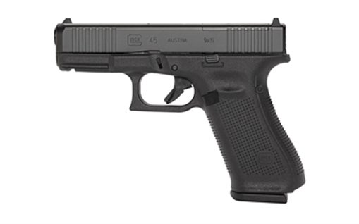 GLOCK 45 M.O.S., Striker Fired, Semi-automatic, Polymer Frame Pistol, Compact, 9MM, 4.02" Barrel, DLC Finish, Black, Interchangeable Backstraps, Fixed Sights, 17 Rounds, 2 Magazines G4517MOSAUT