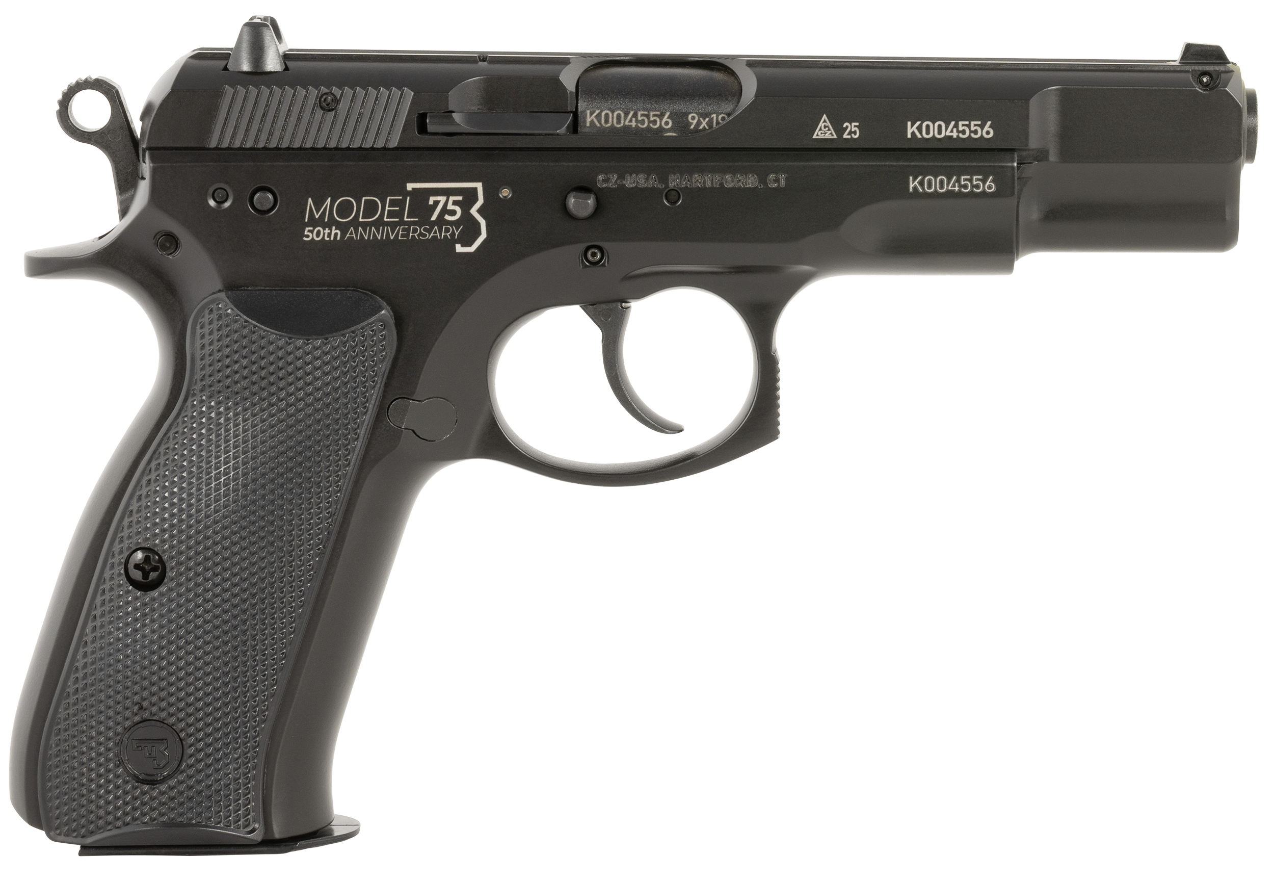 CZ 75BD 50th Anniversary Pistol 01114, 9mm, 4.60in, Black Plastic Grips, Black Polycoat Finish, 10 Rds