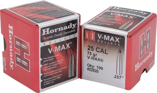 Hornady V-MAX 25 CALIBER (0.257'') 75GR POLYMER TIPPED 100/BOX 22520