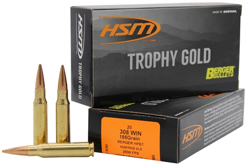 HSM Trophy Gold Extended Range 308 Win 185 gr Berger Hunting VLD Match 20 Per Box/ 25 Case 308185VLD