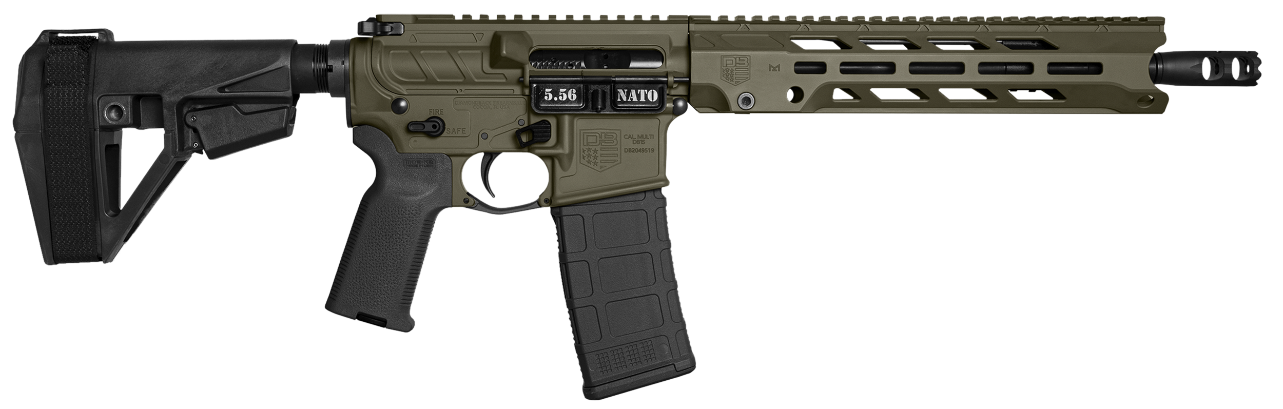 Diamondback Obsidian DB15 Pistol DB1984K101, 5.56 NATO, 11.5in, SB Tactical SBA5 Brace, OD Green, 30 Rds