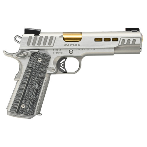 Kimber 1911 Rapide Dawn 9mm, 5.25" Gold Barrel, Silver, G10 Grip, 9rd