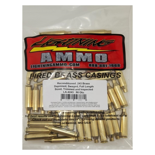 Lightning Ammo Reconditioned Ready to Load Brass Rifle Cartridge Cases .243 50 Qty Bag LA-4243