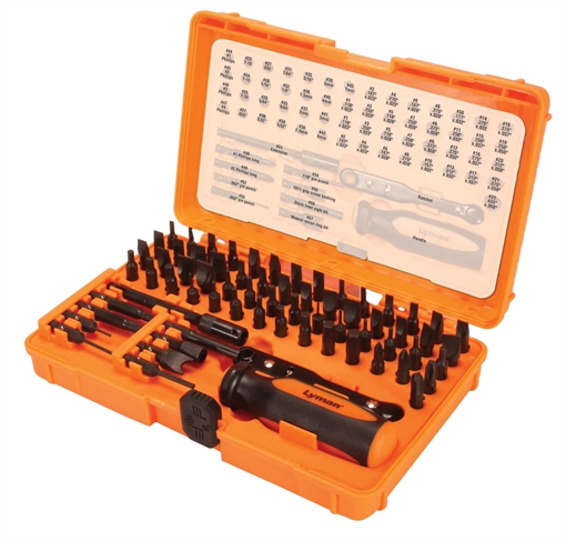 Lyman Products Screwdriver Set, Tool, Black, 68 Pieces, (32) Hollow Ground Bits for Slotted Screws, (17) Hex Bits In Standard and Metric Sizes, (6) Phillips Bits Including 2 Long Bits, (4) 6-Lobe Bits, (6) Specialty Bits, (1) Extension, (1) Ratchet Handle,