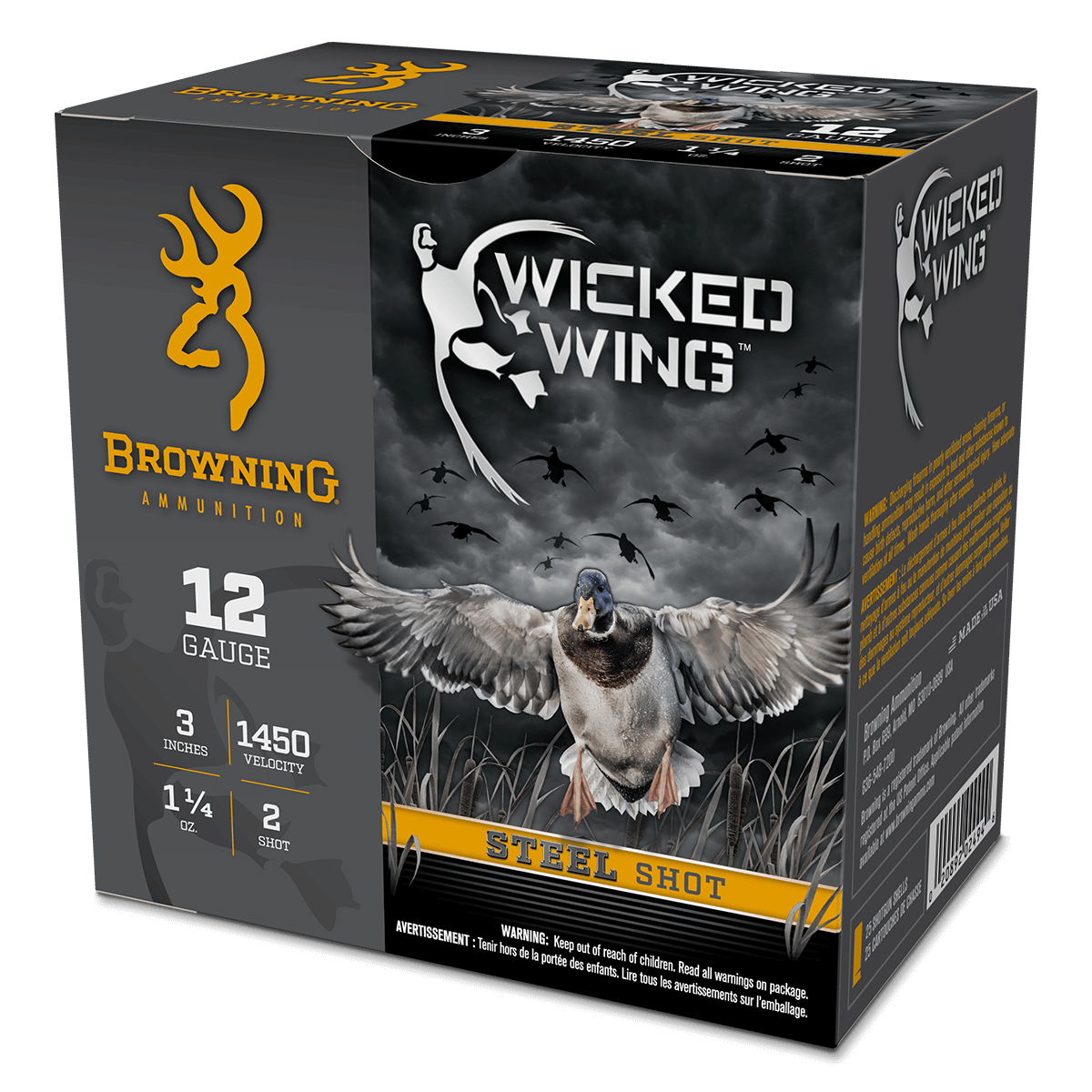 Browning Wicked Wing Shotshells B193421232, 12 Ga, 3", 1-1/4 oz, 1450 fps, #2 Steel, 25 Rd/Bx