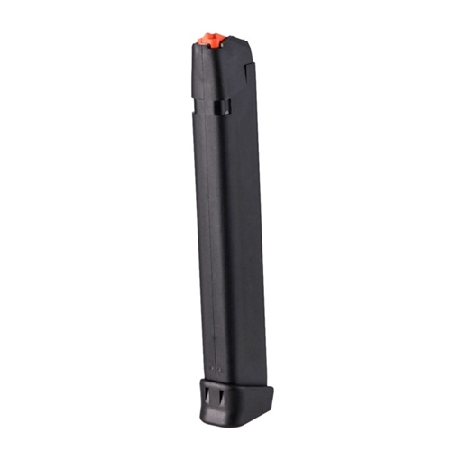 GLOCK OEM Magazine, 9MM, 33 Rounds, For GLOCK 17/34, Cardboard Style Packaging, Black Body with Orange Follower 65971