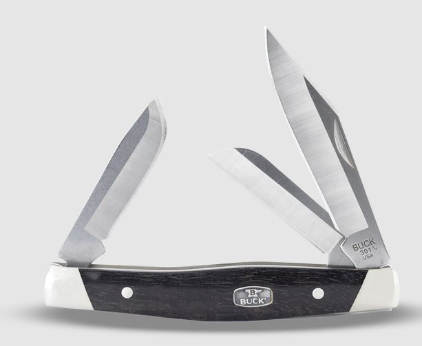 Buck Knives 0301BRS2-B, 301 Stockman Knife - Wood Handle, 420HC steel, clip point, sheepsfoot, and spey blades, Ebony with medallion and nickel silver bolsters