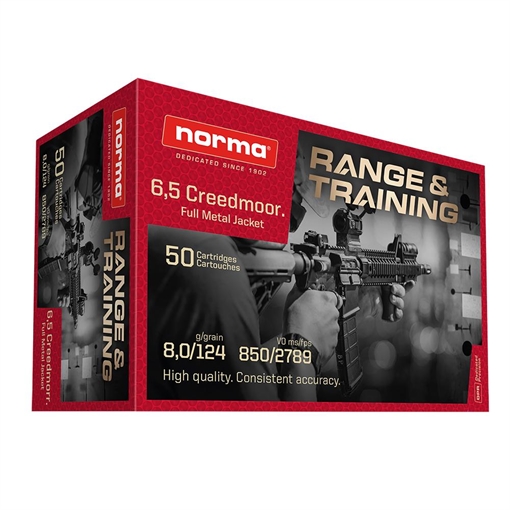 Norma Range & Training Rifle Ammunition 6.5 Creedmoor 124gr FMJ 2789 fps 50/ct 20166650